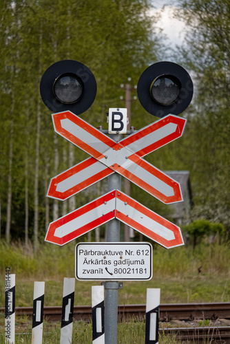 European Traffic Light with Letter B and Sign Indicating 2 Railway Tracks