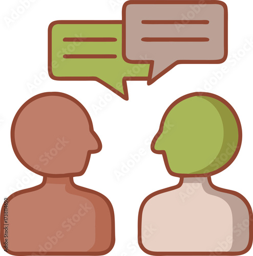 Two diverse individuals engaged in a meaningful conversation standing face to face with overlapping elements symbolizing connection and communication in a modern graphic design