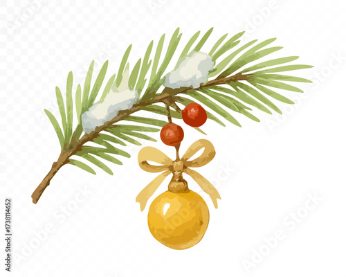 Watercolor pine branch with snow, red berries and golden Christmas bauble tied with ribbon bow, festive winter holiday decoration in rustic cozy style. Vector illustration.