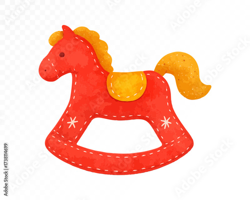 Felt style watercolor rocking horse toy with stitched details, red body, golden mane, tail and saddle, cute handmade festive Christmas decoration. Vector illustration.