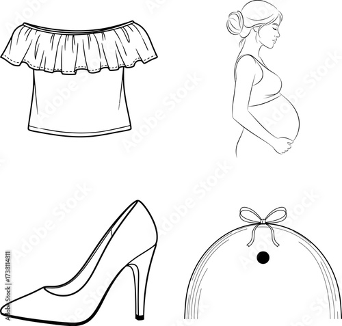 Elegant maternity fashion illustration featuring an off the shoulder top high heel shoe handbag and pregnant woman silhouette