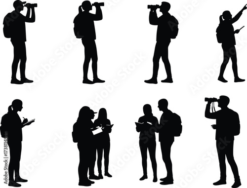 Exploration silhouettes, binocular observation, teamwork, field research, outdoor activity, black vector figures, documentation, nature study, travel gear, group interaction, educational scene