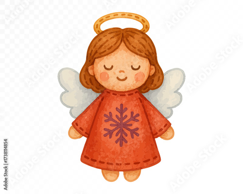 Felt style watercolor Christmas angel with stitched details, red dress with snowflake, white wings and golden halo, cute handmade festive holiday decoration. Vector illustration.