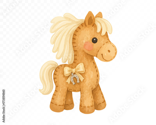 Felt style watercolor toy horse with stitched details, beige mane and tail, cute bow and horseshoe ornament, handmade festive Christmas decoration design. Vector illustration.