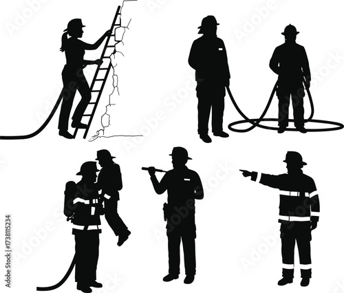 Firefighter silhouettes in action, rescue operation, hose handling, emergency response, ladder climbing, teamwork, safety, fire service, vector illustration, black figures, occupational scene