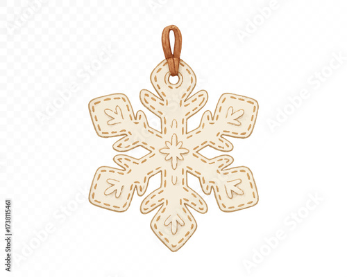 Watercolor felt snowflake ornament with stitched embroidery details and hanging loop, cozy handmade Christmas decoration, rustic winter holiday craft element. Vector illustration.