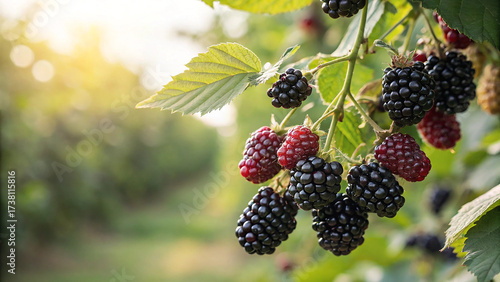 Closeup of ripe and unripe blackberries growing on a branch in the field