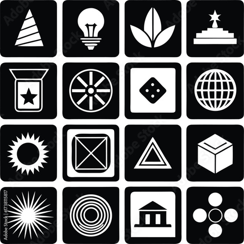Collection of modern flat icons for technology and business applications in white on black squares grid layout for digital design assets