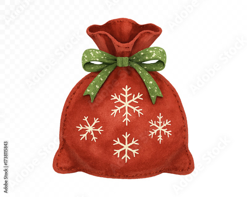 Watercolor Christmas red gift bag with green bow and white snowflakes, festive winter holiday decoration, cozy hand painted seasonal design for New Year celebration. Vector illustration.