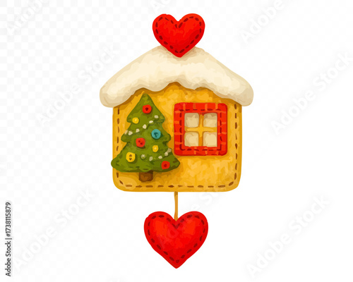 Watercolor felt style Christmas house with snowy roof, green decorated tree, stitched red hearts and cozy window, festive handmade holiday ornament design. Vector illustration.