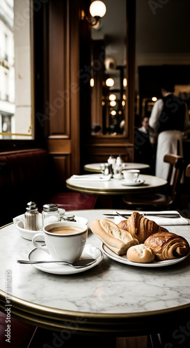 Indulge in Parisian Charm Fresh Croissants, Baguette, and Coffee at a Cozy Cafe, Perfect for a Relaxing Morning Treat or Classic European Experience