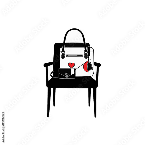 Stylish purse on minimalist chair with red accent, modern elegance