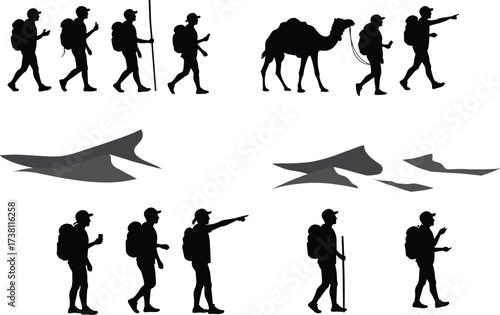 Hiking and trekking silhouettes, outdoor adventure vector, backpacker poses, desert travel, mountain icons, black illustrations for exploration, navigation, nature, journey