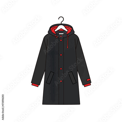 Minimalist raincoat design in black and red on white background, fashion