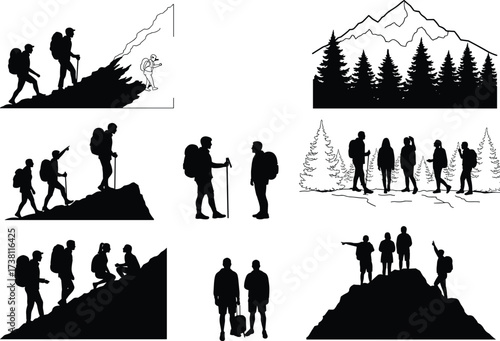 Hiking silhouettes, mountain landscape, outdoor adventure, group trekking, nature exploration, black vector figures, teamwork, forest trail, scenic view, wilderness activity, summit achievement