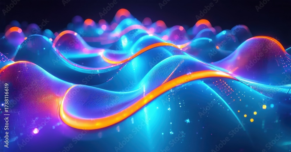 Fototapeta premium Abstract waves, vibrant colors, flowing forms. Blue dominates with orange accents, creating dynamic visual texture. Futuristic, digital art.