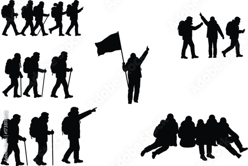 Hiking silhouettes, trekking group, outdoor adventure, flag bearer, walking with poles, resting hikers, mountain journey, teamwork poses, vector set, black icons, motion scene