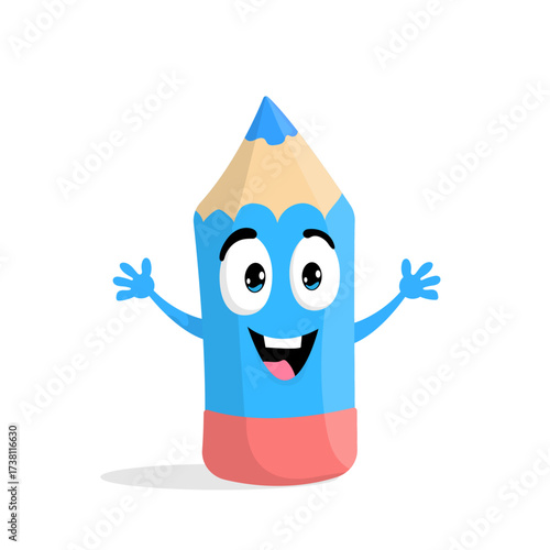 Cheerful blue pencil flat design with hands and smile