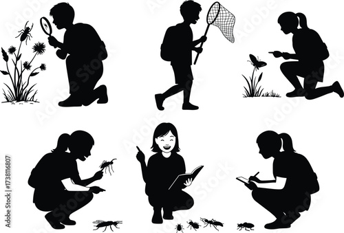 Insect study silhouettes, outdoor observation vector, people examining bugs, using tools, writing notes, black icons for science, education, nature, curiosity, research