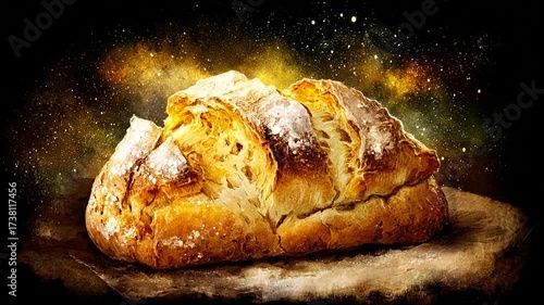 Freshly baked bread loaf on rustic surface with warm lighting