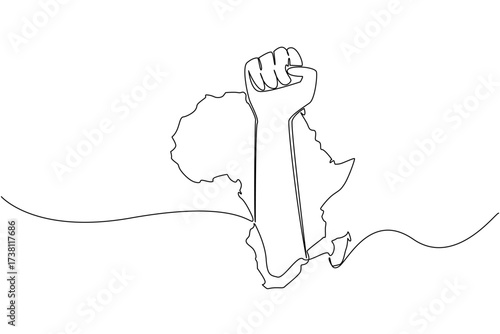 Single continuous line drawing African continent with a clenched fist in the middle of the continent. Commemorating independence. Freedom. African Liberation Day. One line design vector illustration