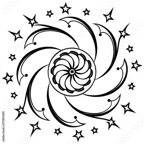 Minimalist Celestial Floral Whirl Line Art Vector Illustration on White Background