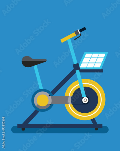 An energysaving spin bike converting your pedaling into solar power for the entire gym.. Vector illustration