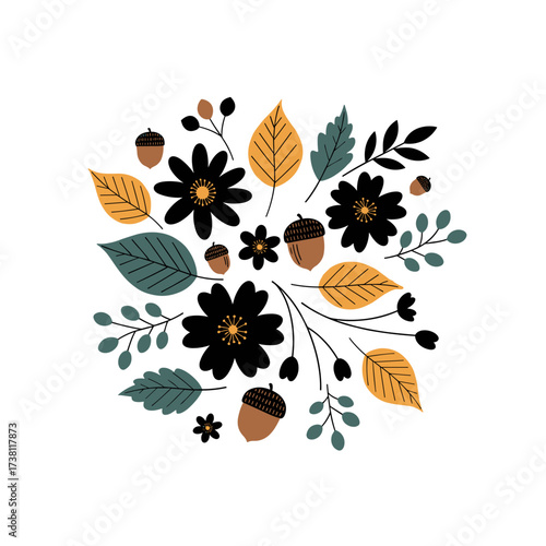 A decorative arrangement of autumn leaves acorns and stylized flowers forms a circular pattern on a white background.