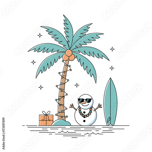 A festive snowman enjoys a tropical Christmas vacation under a decorated palm tree with a surfboard and gift.