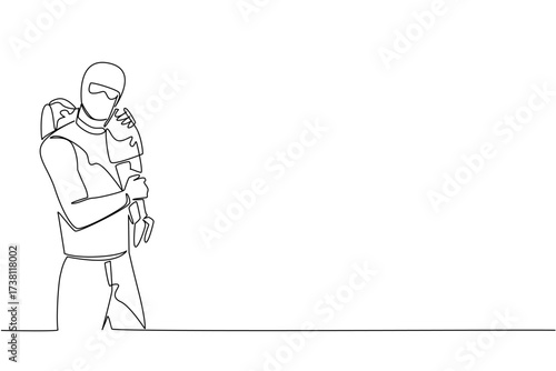 Continuous one line drawing a masked man carrying a girl. Tighten supervision of children. Crime is increasing. Abduction. National Missing of Children Day. Single line draw design vector illustration