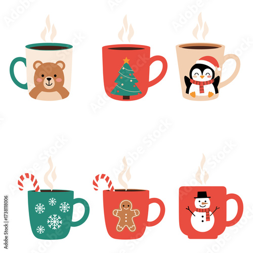 Cute hot chocolate mugs with festive holiday designs.