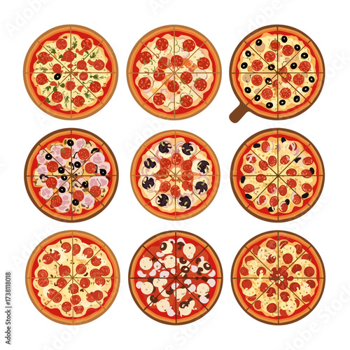 A vibrant collection of nine different delicious pizzas arranged in a grid pattern featuring various toppings and styles for food lovers.