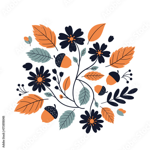 An artistic autumnal arrangement of flowers leaves and acorns.