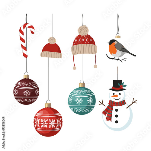 Festive holiday ornaments including a snowman a robin and candy cane.