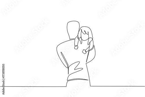 Single continuous line drawing a man carrying a struggling girl. Rebelling in the hope of escaping. Increase awareness. Abduction. National Missing of Children Day. One line design vector illustration