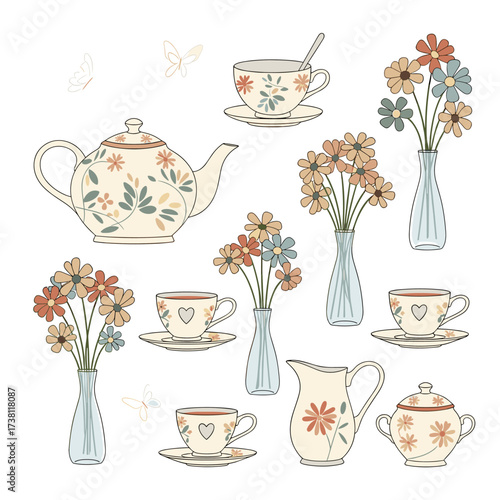 A charming collection of vintage tea set elements and floral arrangements in pastel colors.