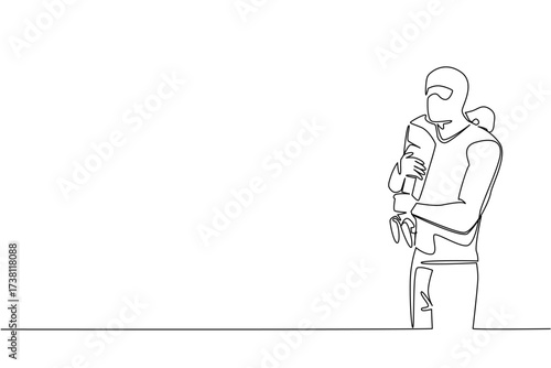 Single one line drawing a masked man carrying a boy. Prevent terror acts of child kidnapping. Increase alertness. Abuse. National Missing of Children Day. Continuous line design graphic illustration