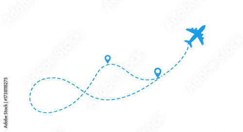 Airplane route with dotted line and location pin, vector illustration on white