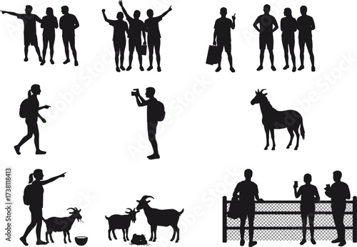 People and goat silhouettes, farm interaction, petting zoo activity, black vector figures, outdoor observation, rural lifestyle, nature moment, group scene, casual outing
