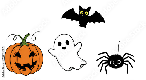 Adorable Halloween Cartoon Characters: Pumpkin, Ghost, Bat, and Spider Illustration