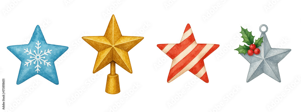 Obraz premium Christmas festival objects decor watercolor stars with snowflake holly and stripes in festive holiday style