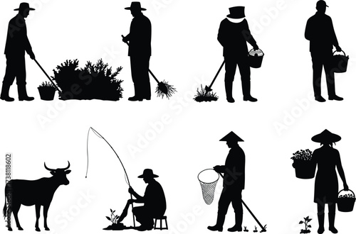 Rural workers, farming tools, harvesting crops, fishing activity, cow silhouette, traditional agriculture, black vector illustration, countryside lifestyle, outdoor labor scene