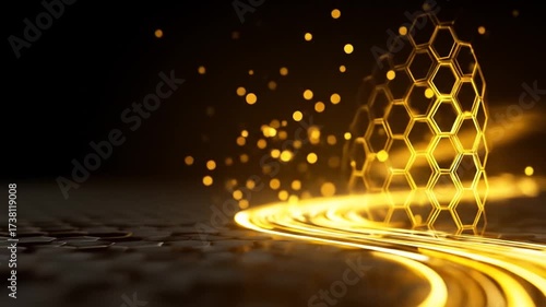 Abstract golden honeycomb structure with light effects on dark background