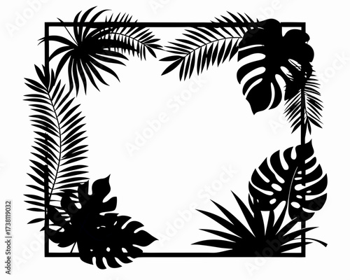 Silhouette summer frame decorated with tropical palm and monstera leaves, elegant black vector border on white background