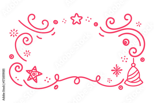 Minimalist pink and red doodle-style holiday borders with whimsical swirls, bells, and stars, modern cute Christmas invitation frame pack on white background