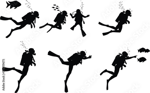 Scuba diver silhouettes, underwater exploration poses, marine life interaction, black vector icons with fins, oxygen tanks, bubbles, masks, ocean adventure, diving