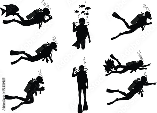 Scuba diver silhouettes, underwater exploration vector, marine life interaction, black icons with fins, masks, tanks, hand gestures, ocean adventure, swimming poses