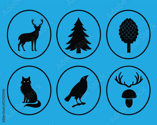 Black silhouette nature icons on blue: deer, pine tree, forest plant, cat, bird, and antlers with mushroom. Diverse woodland wildlife elements.