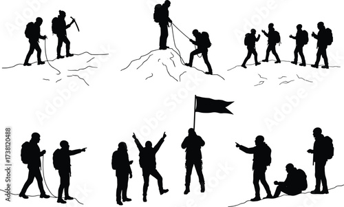 Silhouette hikers climbing, teamwork, summit celebration, pointing gesture, flag holding, outdoor adventure, black vector figures, mountain trekking, nature challenge, hiking group