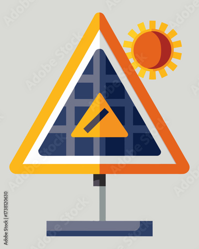 A triangular construction zone sign with solar panels on each side generating power for the flashing beacons on top.. Vector illustration